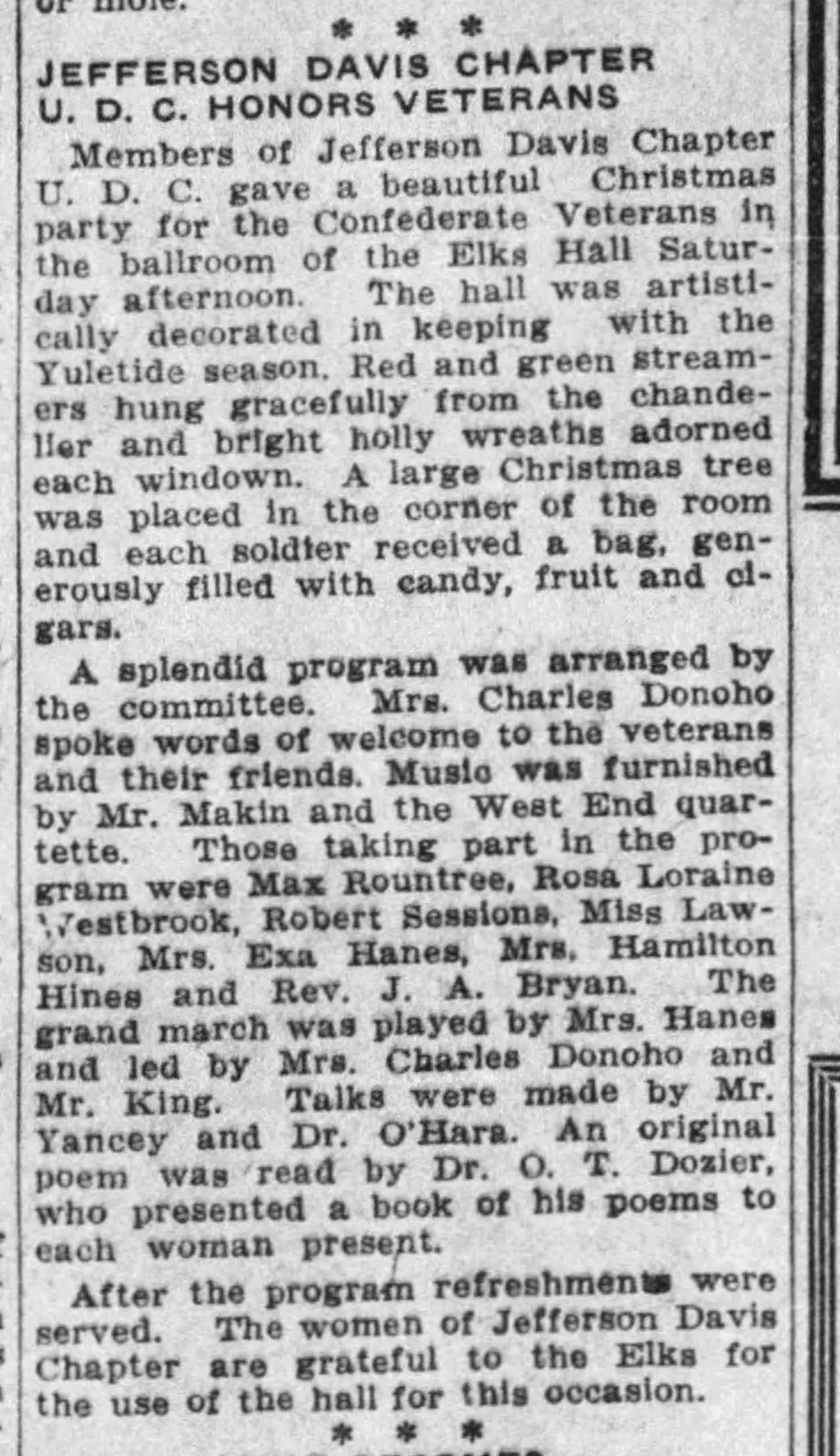 Jefferson Davis Chapter U.D.C. Honors Veterans